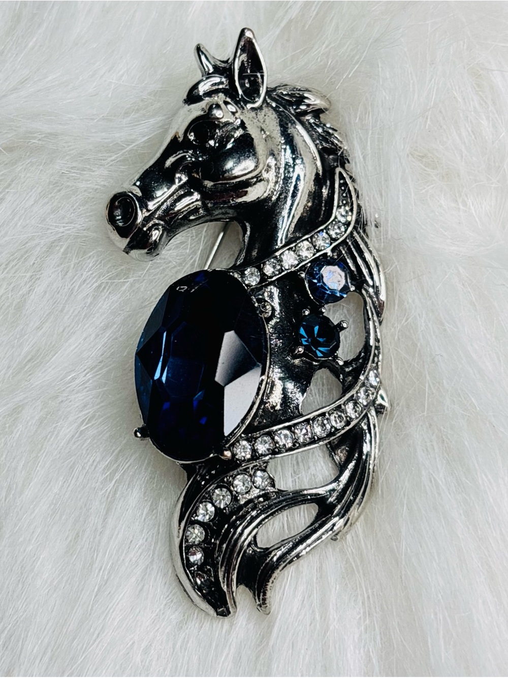 Blue Crystal Horse Brooch Silver Tone Rhinestone Equestrian Statement Pin